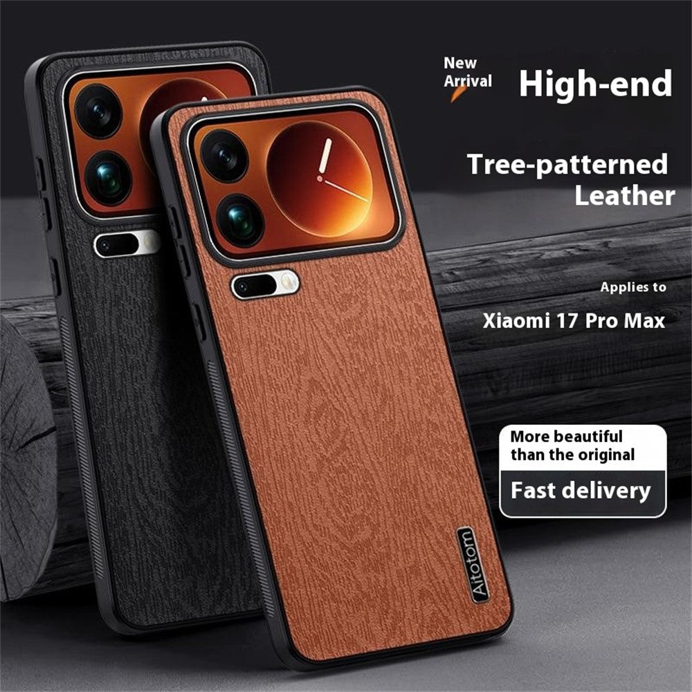 For Xiaomi 17 Pro Max Case Wood Texture PU Leather Coated PC TPU Phone Cover - Brown