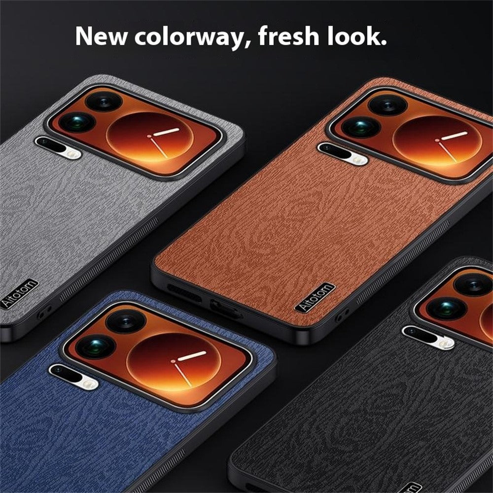 For Xiaomi 17 Pro Max Case Wood Texture PU Leather Coated PC TPU Phone Cover - Brown