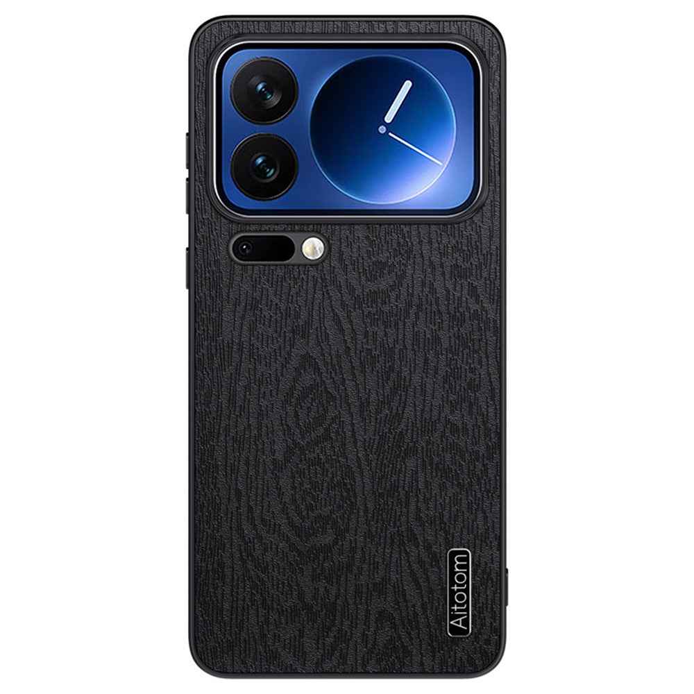 For Xiaomi 17 Pro Case Wood Texture PU Leather Coated PC TPU Phone Cover - Black