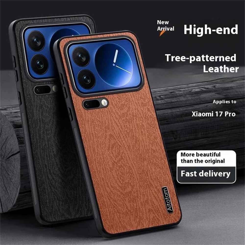 For Xiaomi 17 Pro Case Wood Texture PU Leather Coated PC TPU Phone Cover - Black
