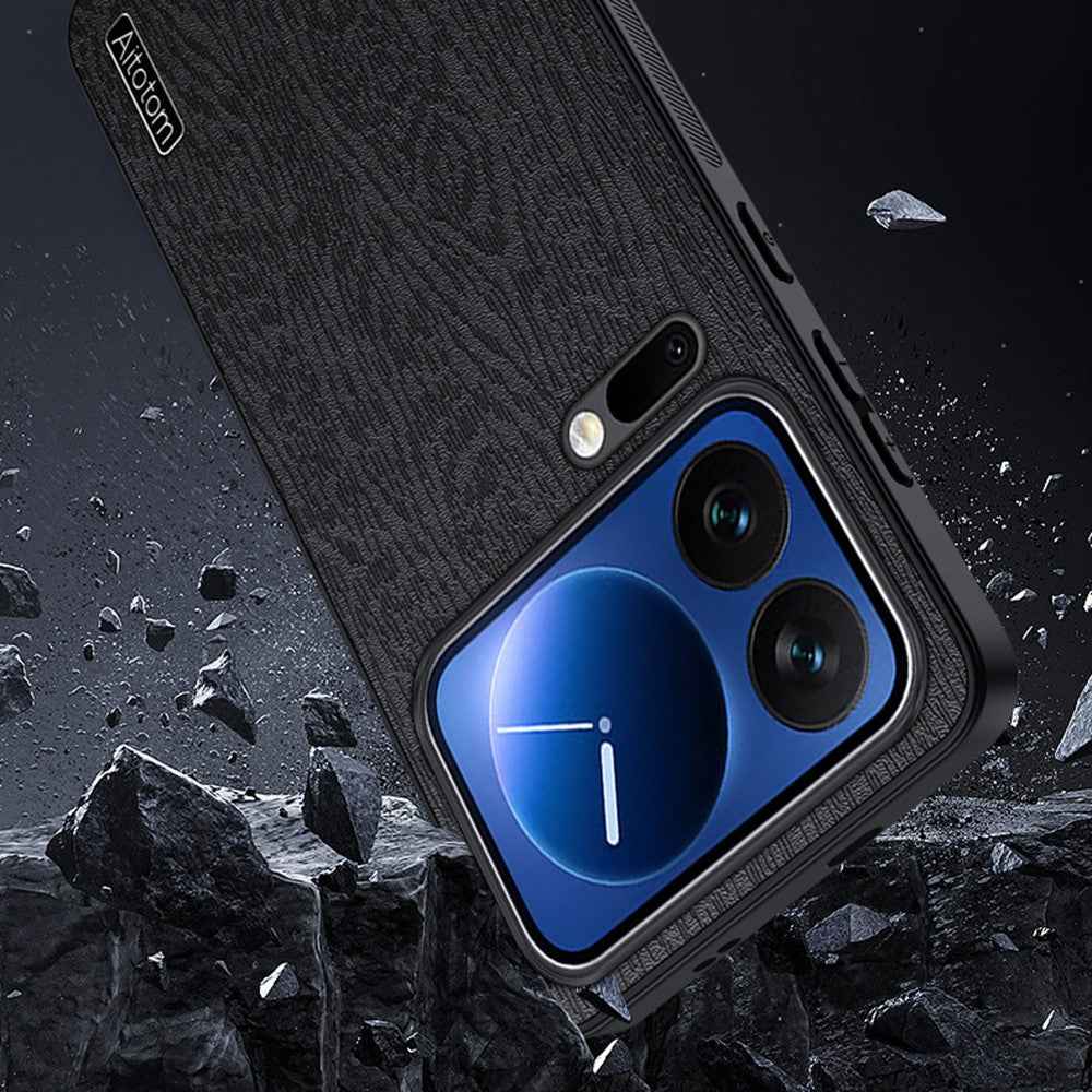 For Xiaomi 17 Pro Case Wood Texture PU Leather Coated PC TPU Phone Cover - Black