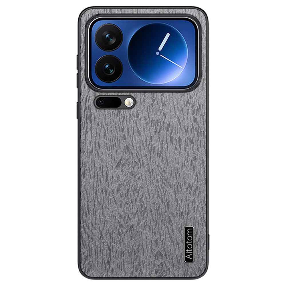 For Xiaomi 17 Pro Case Wood Texture PU Leather Coated PC TPU Phone Cover - Grey