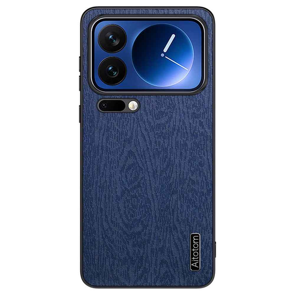 For Xiaomi 17 Pro Case Wood Texture PU Leather Coated PC TPU Phone Cover - Blue