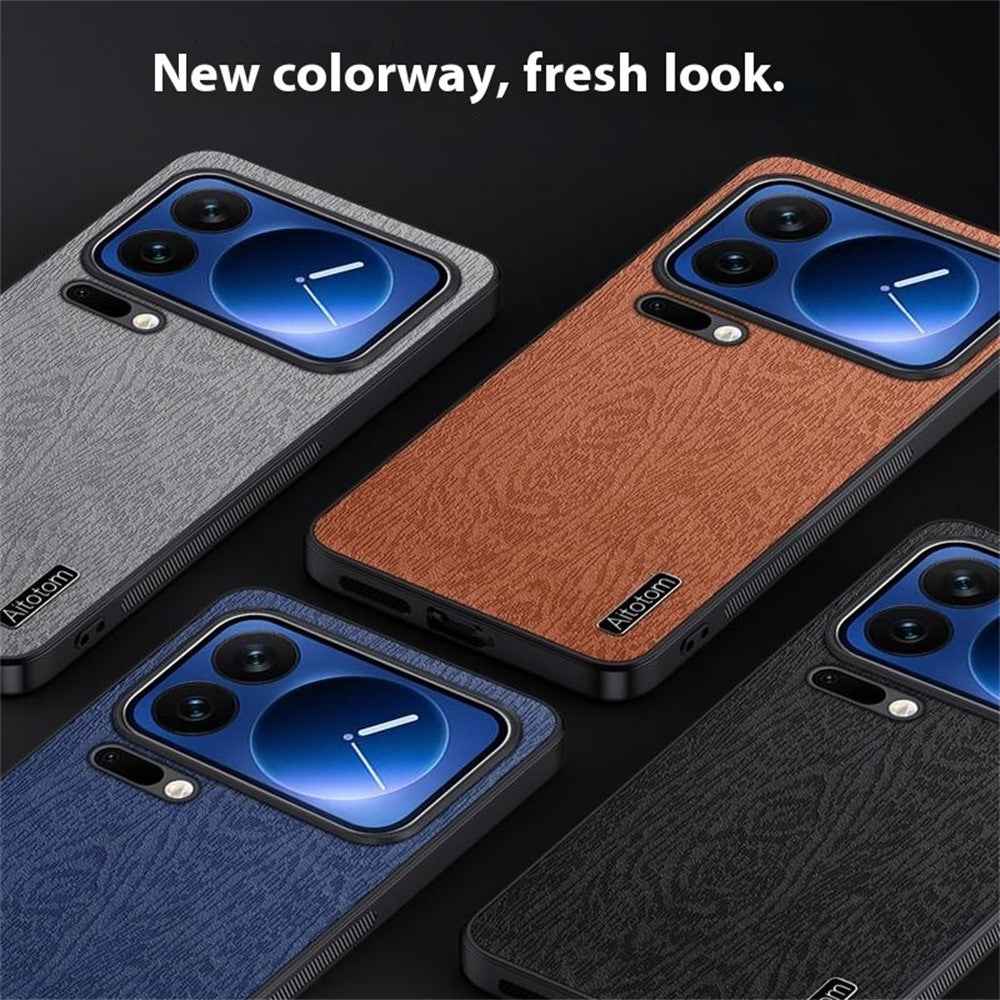 For Xiaomi 17 Pro Case Wood Texture PU Leather Coated PC TPU Phone Cover - Blue