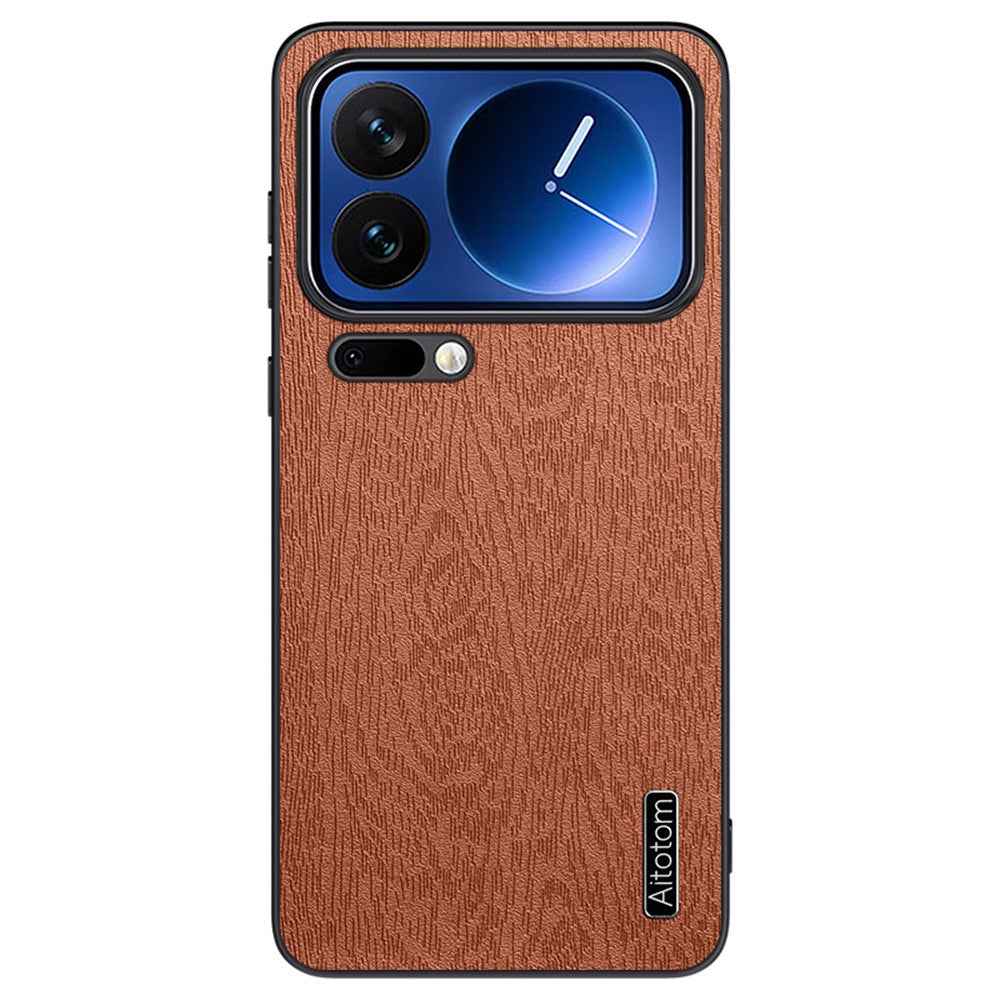 For Xiaomi 17 Pro Case Wood Texture PU Leather Coated PC TPU Phone Cover - Brown