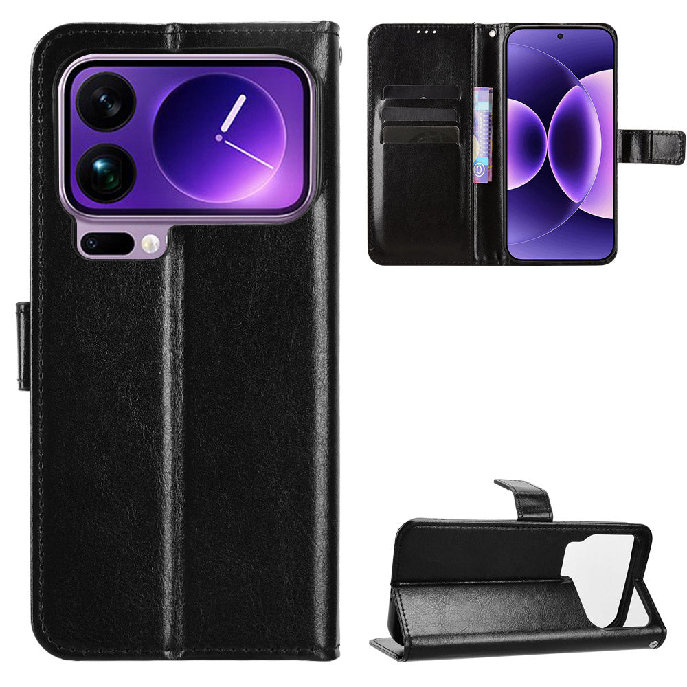For Xiaomi 17 Pro Max PU Leather Case with Strap Crazy Horse Texture Phone Wallet Cover - Black