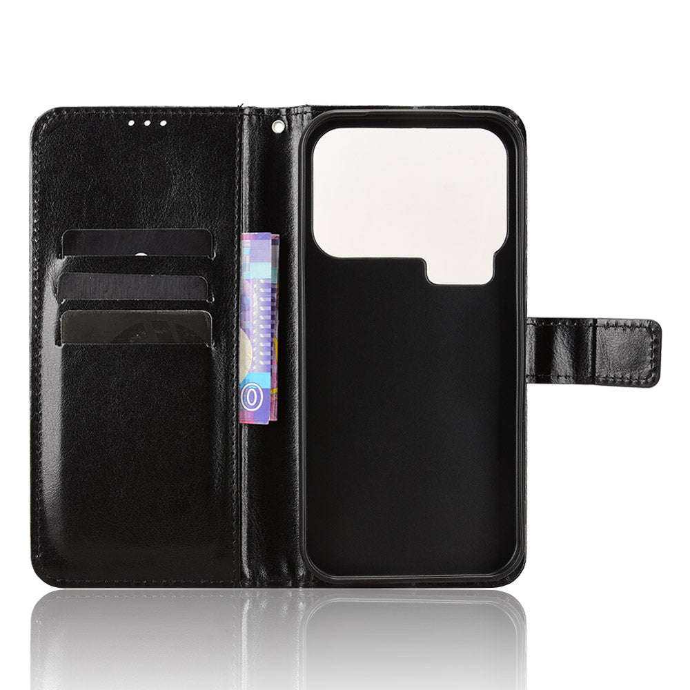 For Xiaomi 17 Pro Max PU Leather Case with Strap Crazy Horse Texture Phone Wallet Cover - Black