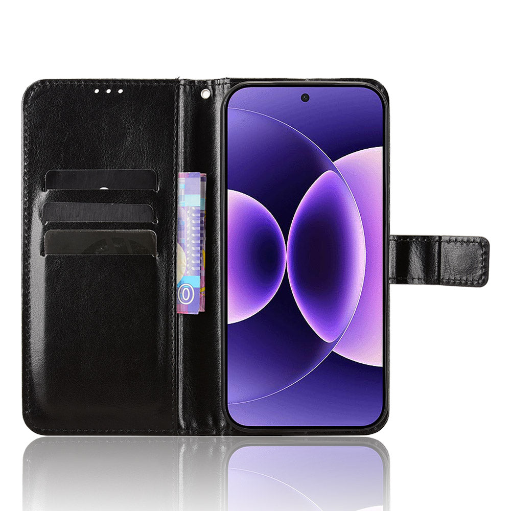 For Xiaomi 17 Pro Max PU Leather Case with Strap Crazy Horse Texture Phone Wallet Cover - Black