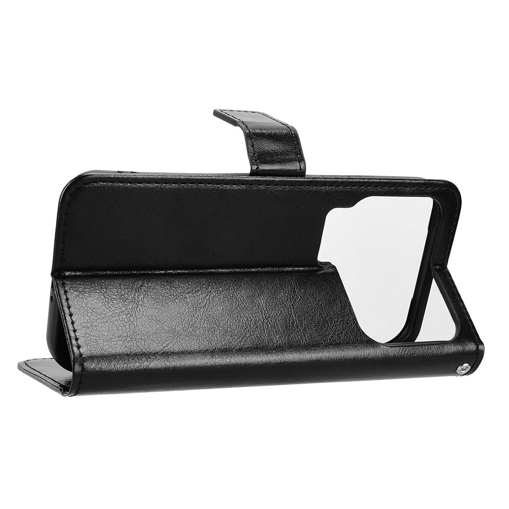 For Xiaomi 17 Pro Max PU Leather Case with Strap Crazy Horse Texture Phone Wallet Cover - Black