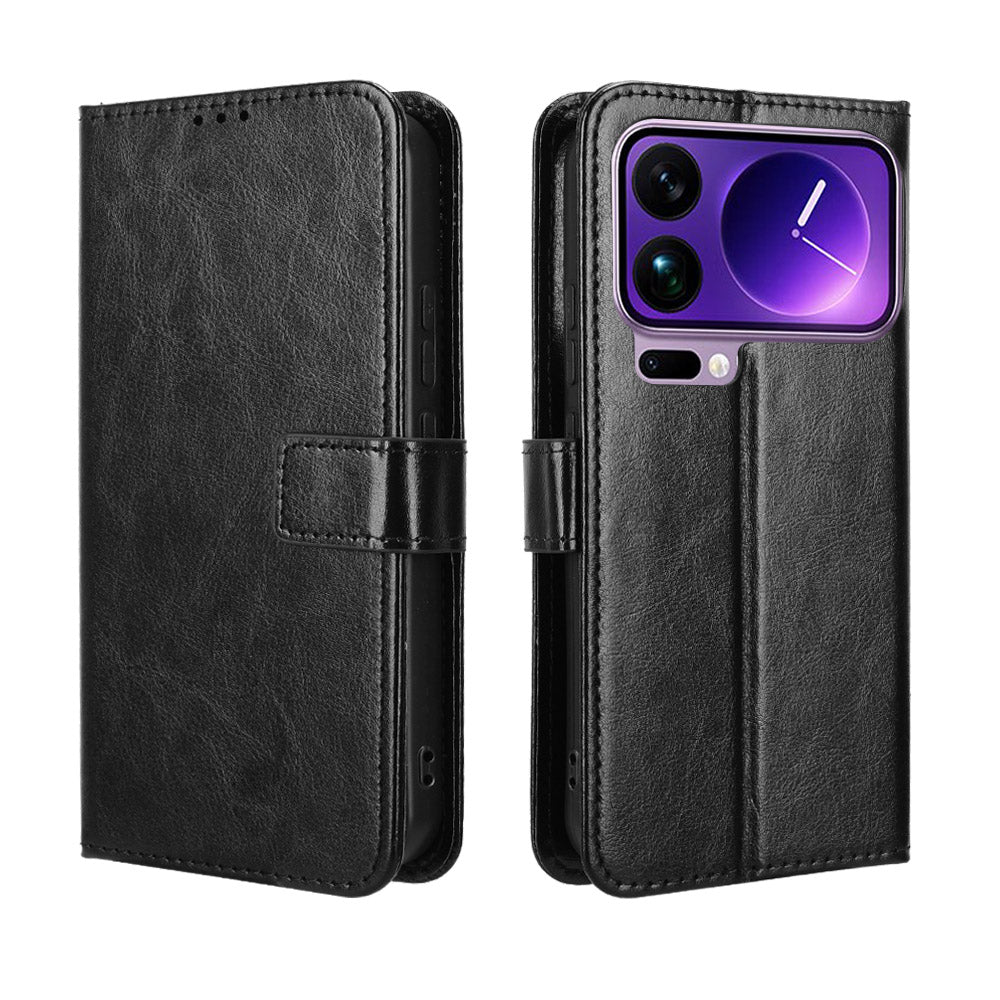 For Xiaomi 17 Pro Max PU Leather Case with Strap Crazy Horse Texture Phone Wallet Cover - Black