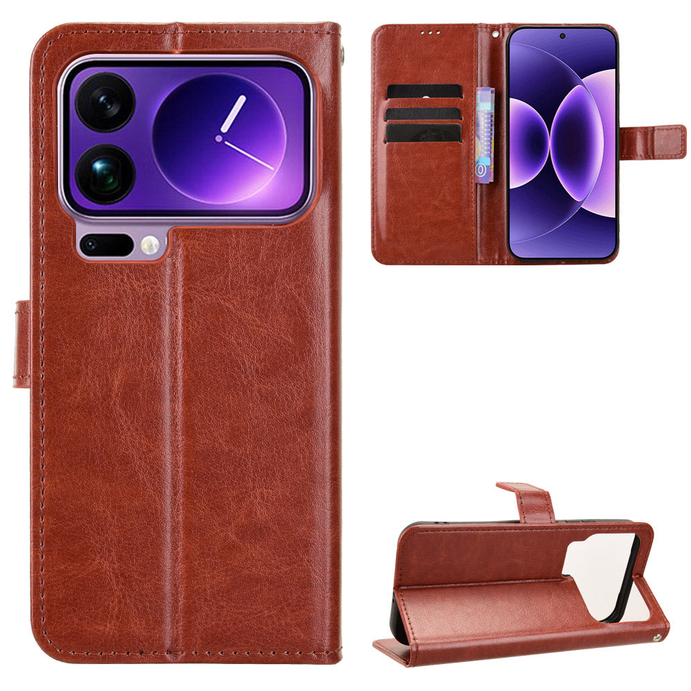 For Xiaomi 17 Pro Max PU Leather Case with Strap Crazy Horse Texture Phone Wallet Cover - Brown