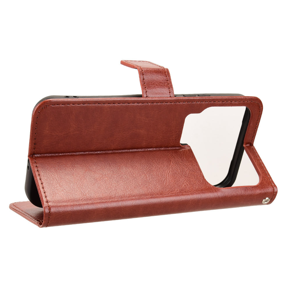For Xiaomi 17 Pro Max PU Leather Case with Strap Crazy Horse Texture Phone Wallet Cover - Brown