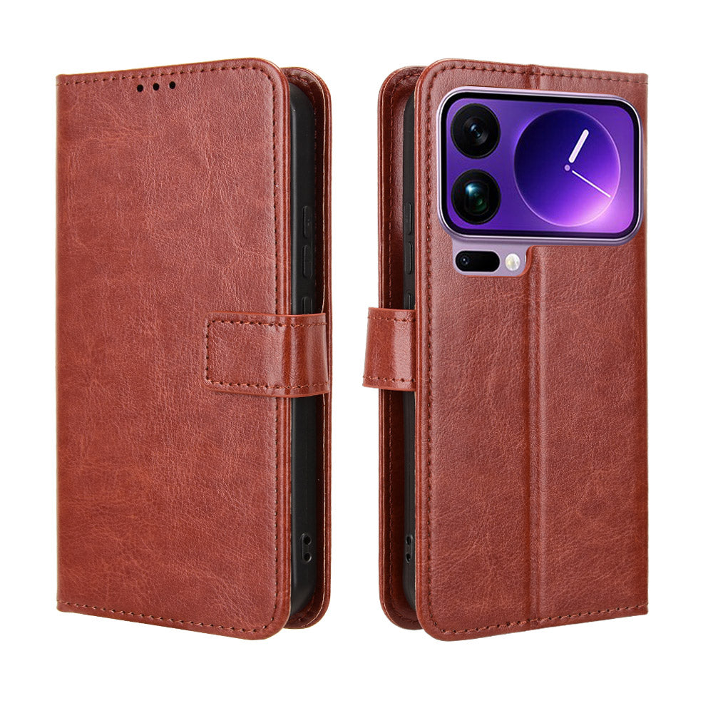 For Xiaomi 17 Pro Max PU Leather Case with Strap Crazy Horse Texture Phone Wallet Cover - Brown