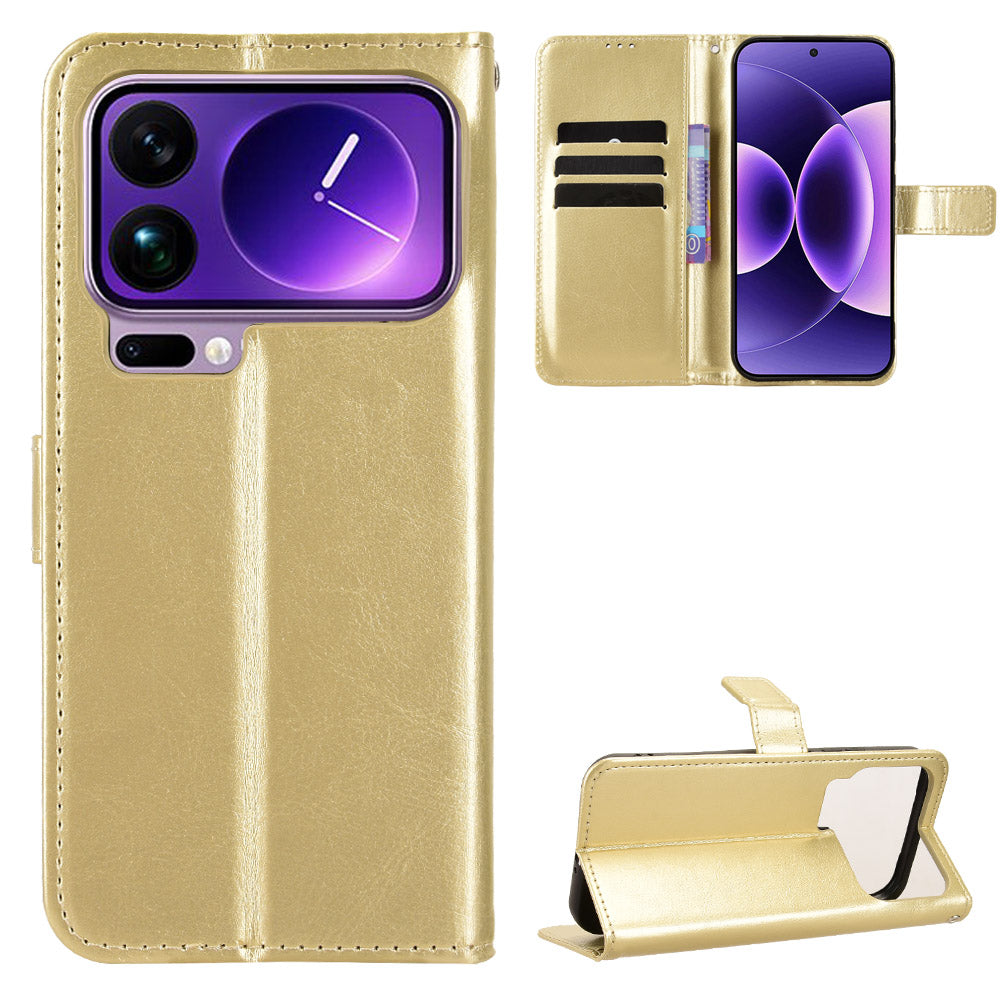 For Xiaomi 17 Pro Max PU Leather Case with Strap Crazy Horse Texture Phone Wallet Cover - Gold