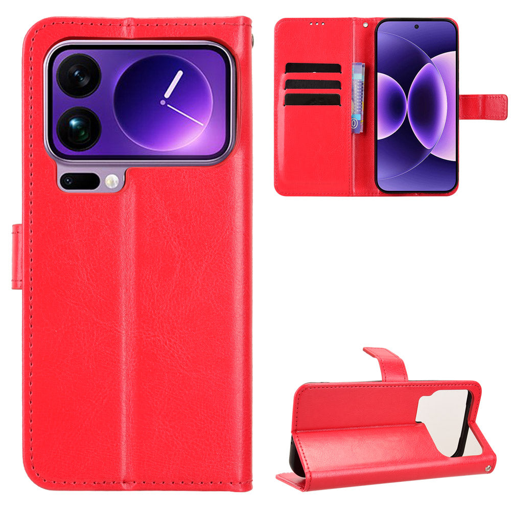 For Xiaomi 17 Pro Max PU Leather Case with Strap Crazy Horse Texture Phone Wallet Cover - Red