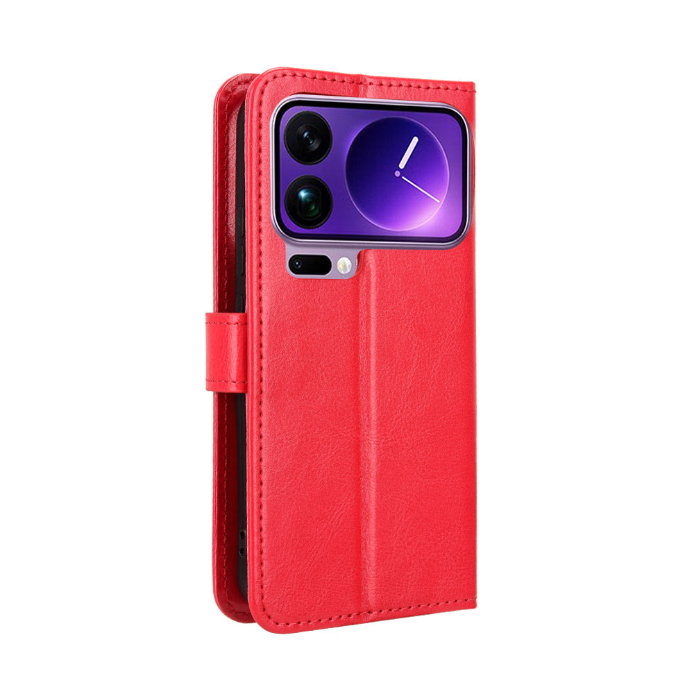 For Xiaomi 17 Pro Max PU Leather Case with Strap Crazy Horse Texture Phone Wallet Cover - Red
