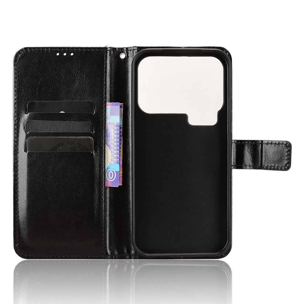 For Xiaomi 17 Pro PU Leather Case with Strap Crazy Horse Texture Phone Wallet Cover - Black