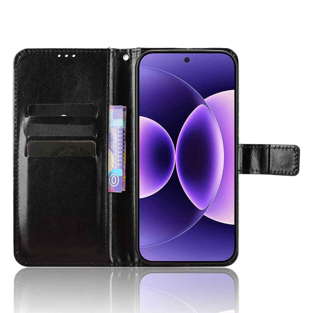 For Xiaomi 17 Pro PU Leather Case with Strap Crazy Horse Texture Phone Wallet Cover - Black