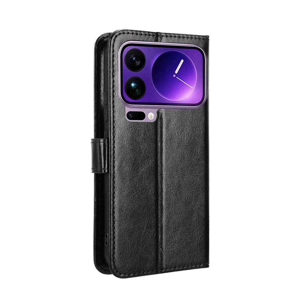 For Xiaomi 17 Pro PU Leather Case with Strap Crazy Horse Texture Phone Wallet Cover - Black