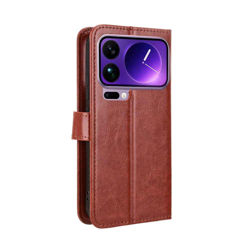 For Xiaomi 17 Pro PU Leather Case with Strap Crazy Horse Texture Phone Wallet Cover - Brown