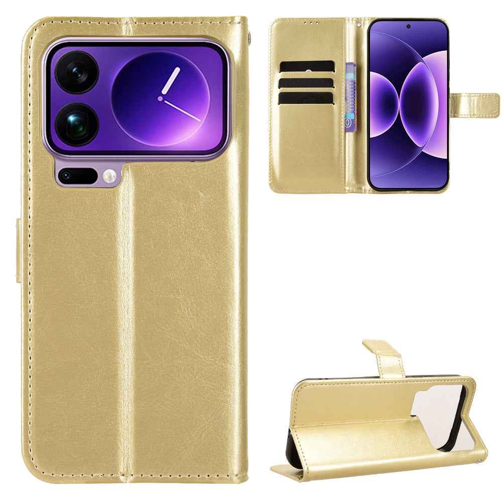 For Xiaomi 17 Pro PU Leather Case with Strap Crazy Horse Texture Phone Wallet Cover - Gold