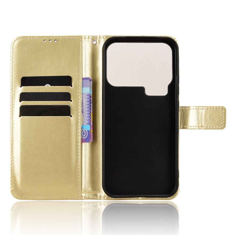 For Xiaomi 17 Pro PU Leather Case with Strap Crazy Horse Texture Phone Wallet Cover - Gold