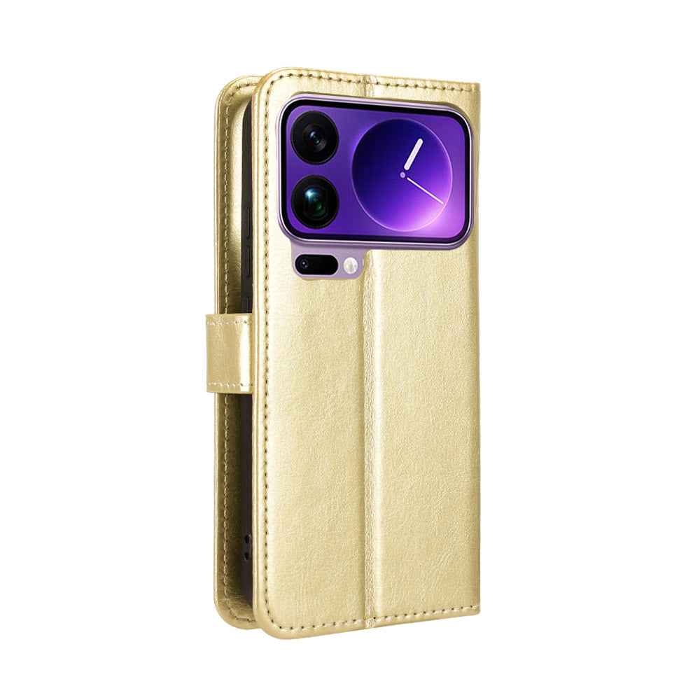 For Xiaomi 17 Pro PU Leather Case with Strap Crazy Horse Texture Phone Wallet Cover - Gold
