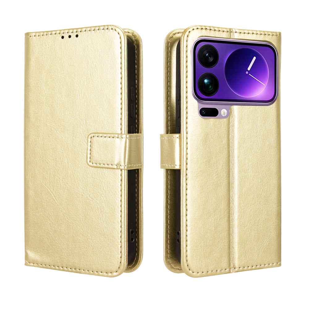 For Xiaomi 17 Pro PU Leather Case with Strap Crazy Horse Texture Phone Wallet Cover - Gold