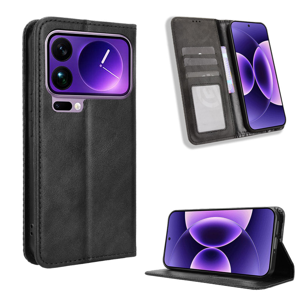 For Xiaomi 17 Pro Max Leather Case Wallet Stand Retro Texture Phone Cover - Black