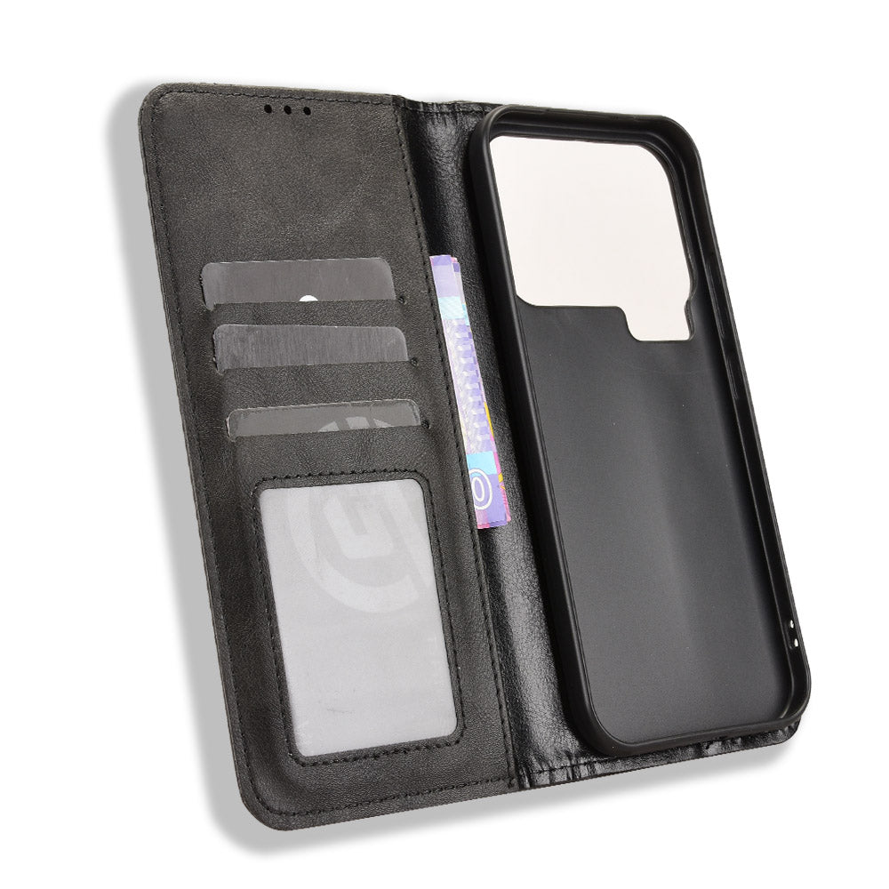 For Xiaomi 17 Pro Max Leather Case Wallet Stand Retro Texture Phone Cover - Black