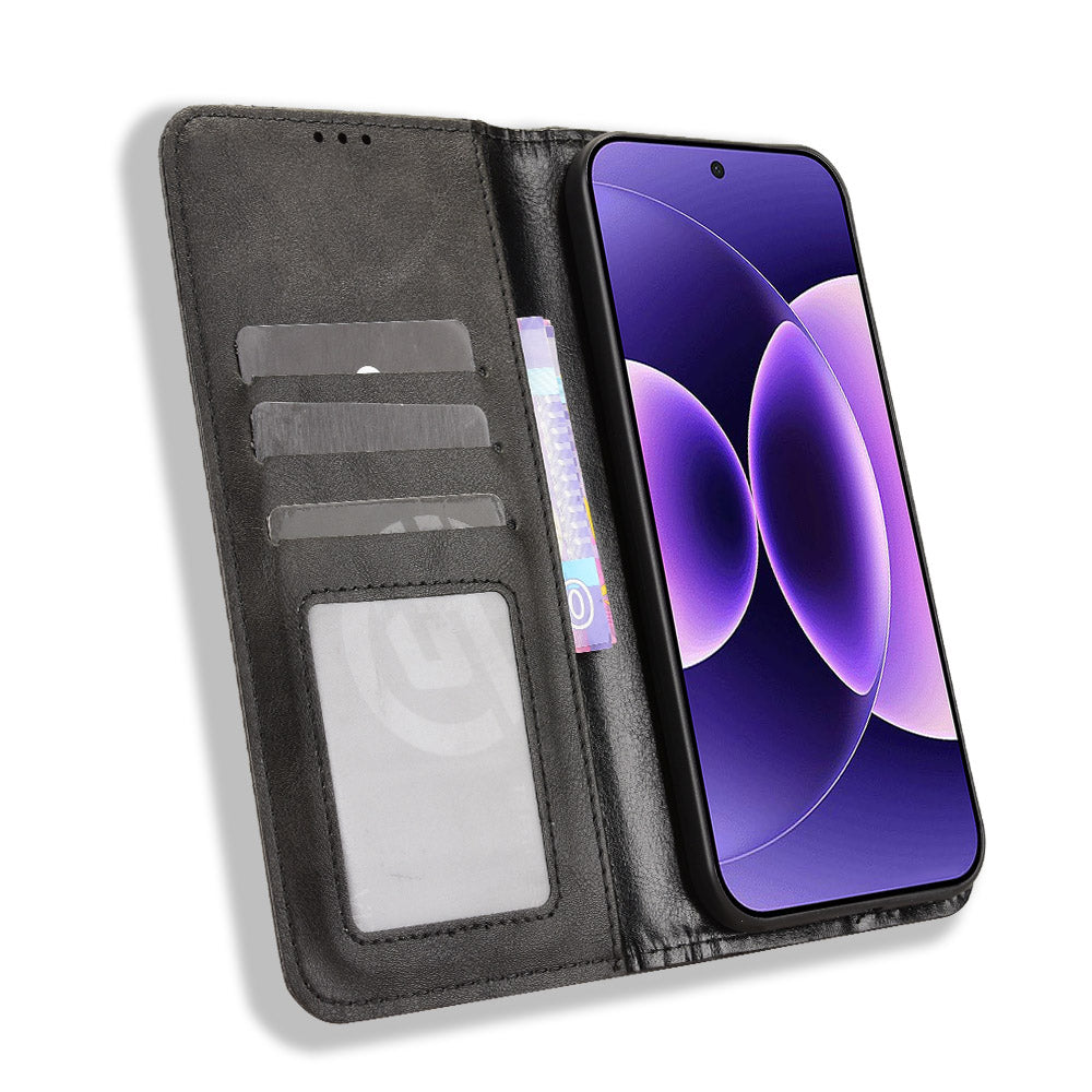 For Xiaomi 17 Pro Max Leather Case Wallet Stand Retro Texture Phone Cover - Black