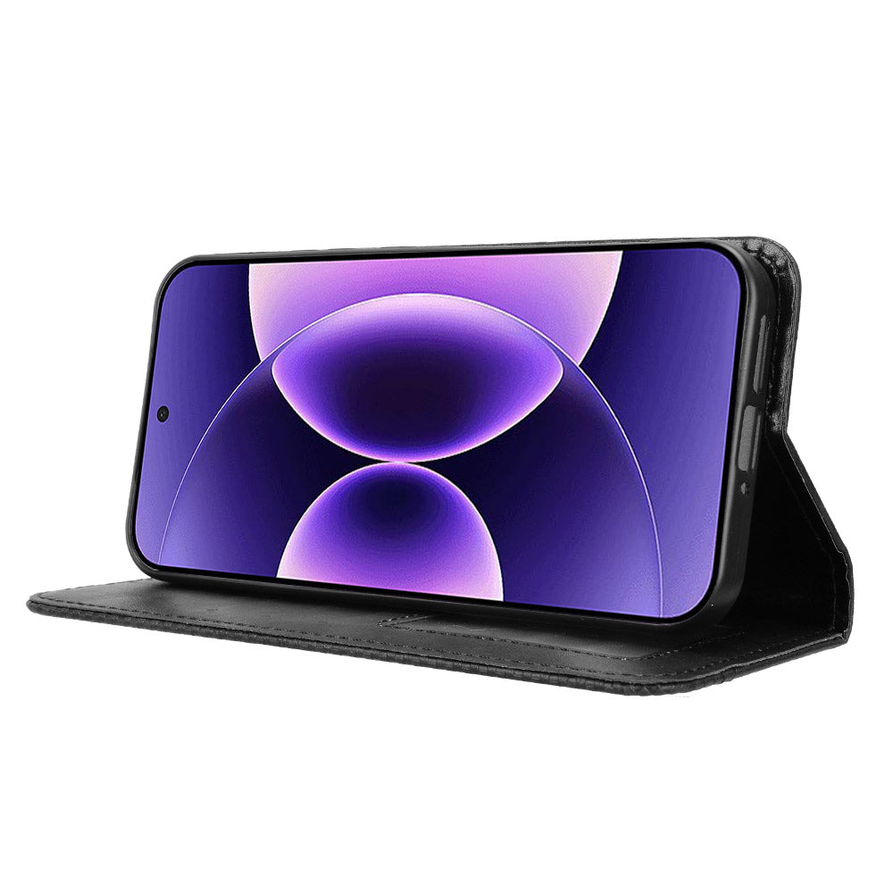 For Xiaomi 17 Pro Max Leather Case Wallet Stand Retro Texture Phone Cover - Black