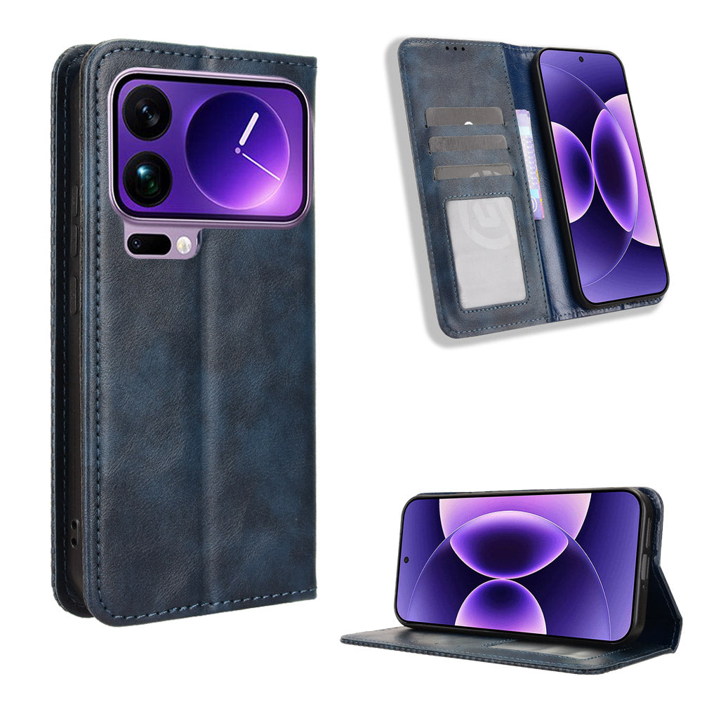 For Xiaomi 17 Pro Max Leather Case Wallet Stand Retro Texture Phone Cover - Blue
