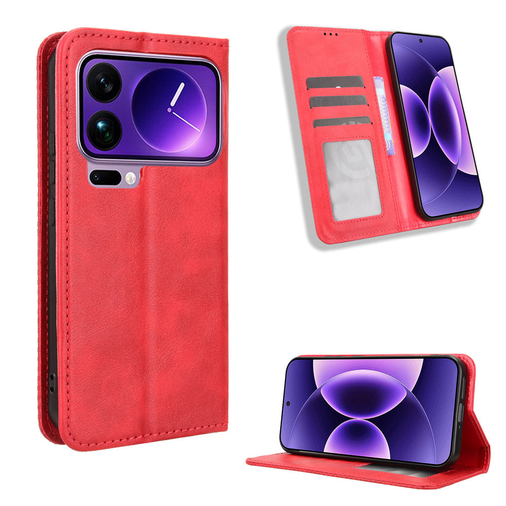 For Xiaomi 17 Pro Max Leather Case Wallet Stand Retro Texture Phone Cover - Red