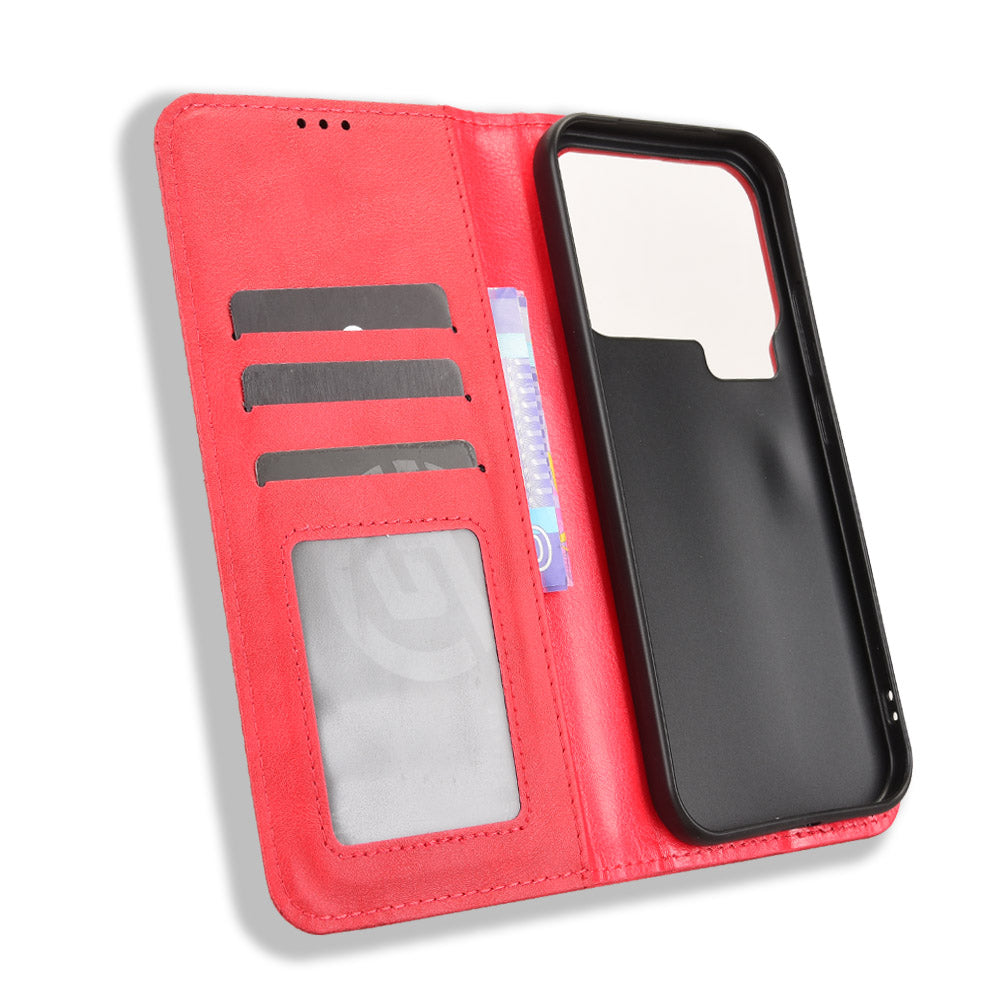 For Xiaomi 17 Pro Max Leather Case Wallet Stand Retro Texture Phone Cover - Red
