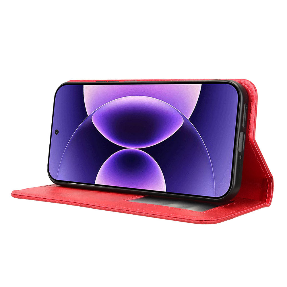 For Xiaomi 17 Pro Max Leather Case Wallet Stand Retro Texture Phone Cover - Red