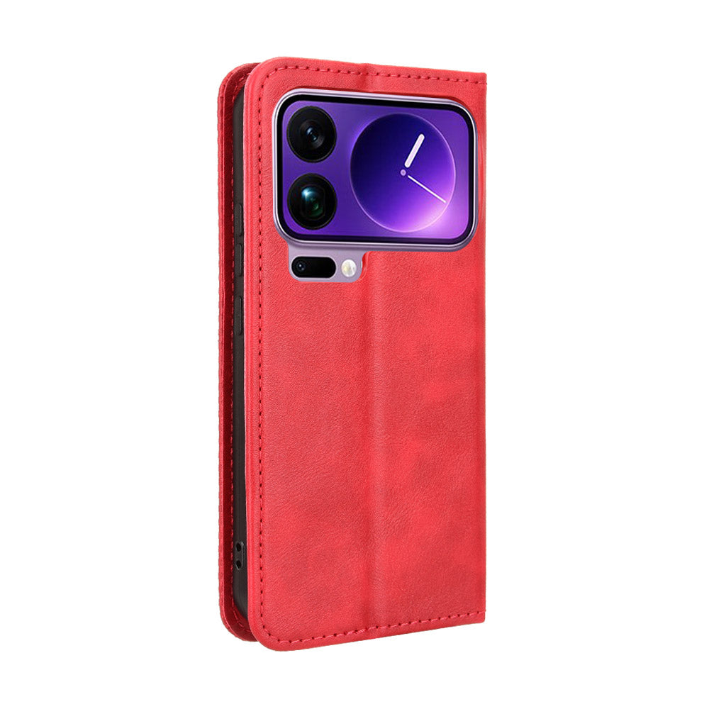 For Xiaomi 17 Pro Max Leather Case Wallet Stand Retro Texture Phone Cover - Red