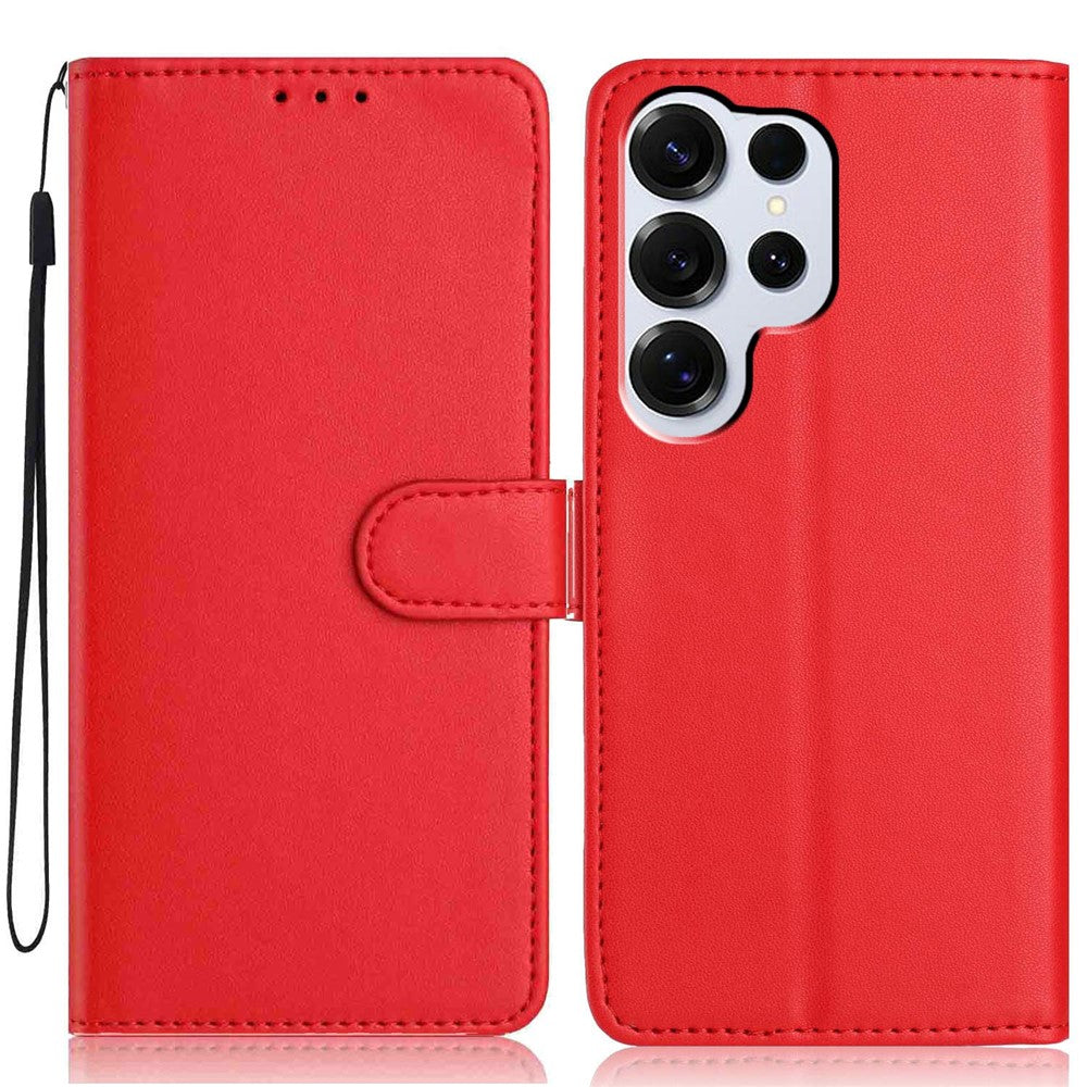 For-Samsung-Galaxy-S26-Ultra-Wallet-Case-with-Strap-/-Multiple-Card-Slots-Solid-Color-Leather-Stand-Phone-Cover-Red