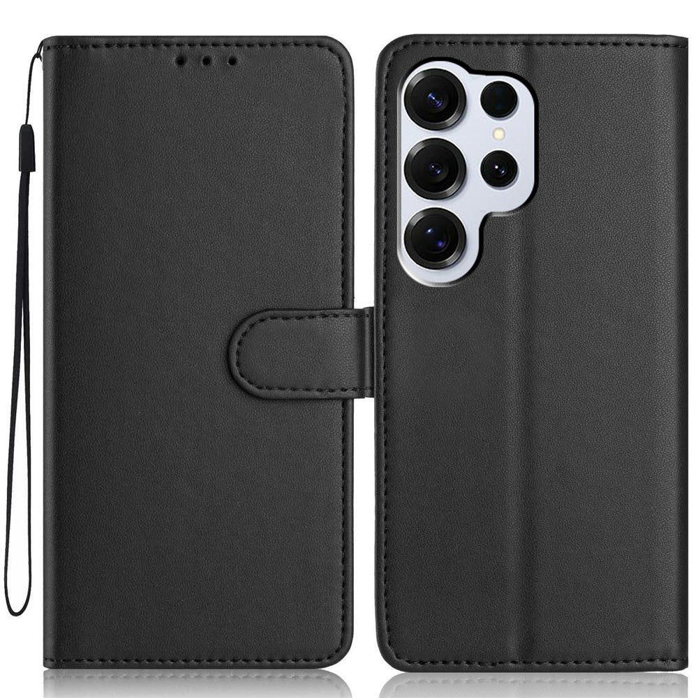 For-Samsung-Galaxy-S26-Ultra-Wallet-Case-with-Strap-/-Multiple-Card-Slots-Solid-Color-Leather-Stand-Phone-Cover-Black