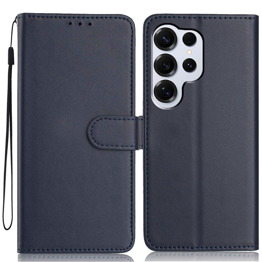 For-Samsung-Galaxy-S26-Ultra-Wallet-Case-with-Strap-/-Multiple-Card-Slots-Solid-Color-Leather-Stand-Phone-Cover-Blue
