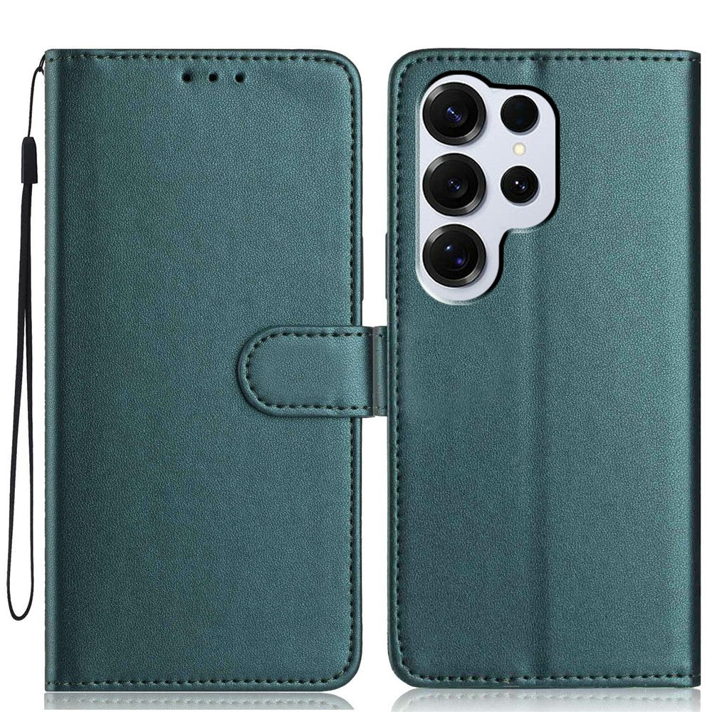 For-Samsung-Galaxy-S26-Ultra-Wallet-Case-with-Strap-/-Multiple-Card-Slots-Solid-Color-Leather-Stand-Phone-Cover-Blackish-Green