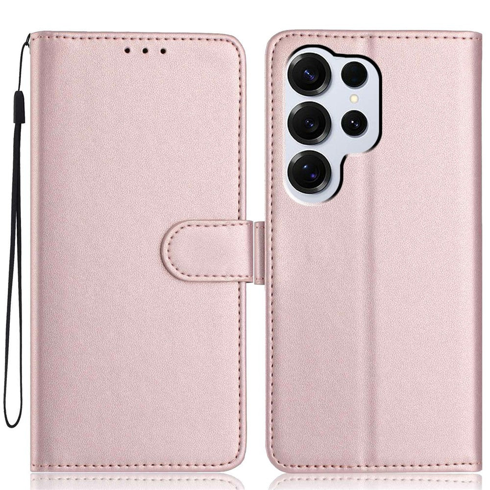 For-Samsung-Galaxy-S26-Ultra-Wallet-Case-with-Strap-/-Multiple-Card-Slots-Solid-Color-Leather-Stand-Phone-Cover-Rose-Gold