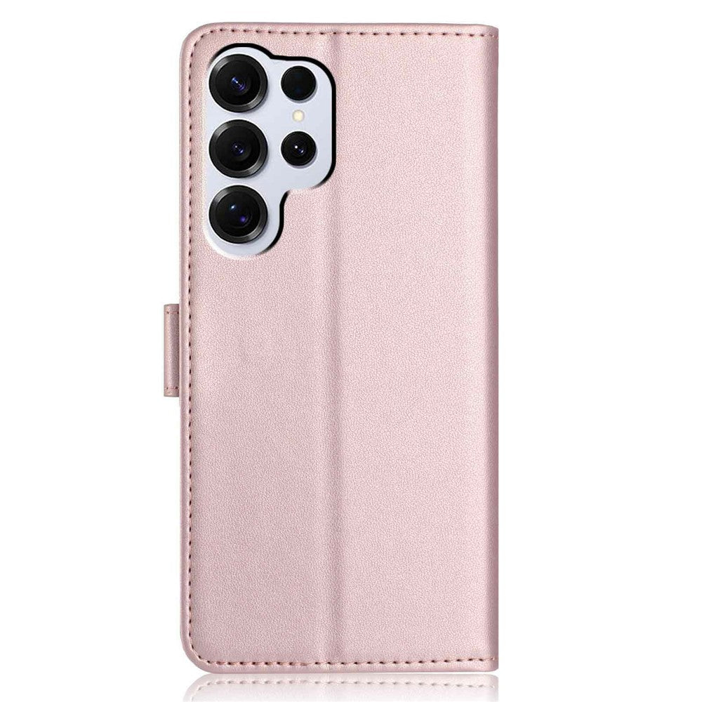 For-Samsung-Galaxy-S26-Ultra-Wallet-Case-with-Strap-/-Multiple-Card-Slots-Solid-Color-Leather-Stand-Phone-Cover-Rose-Gold