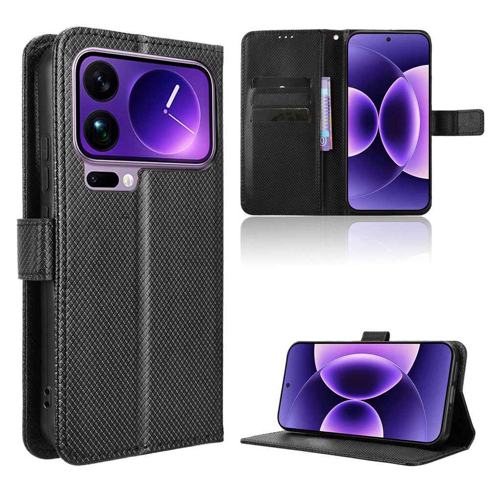 For Xiaomi 17 Pro Leather Wallet Case with Strap Diamond Texture Phone Cover - Black