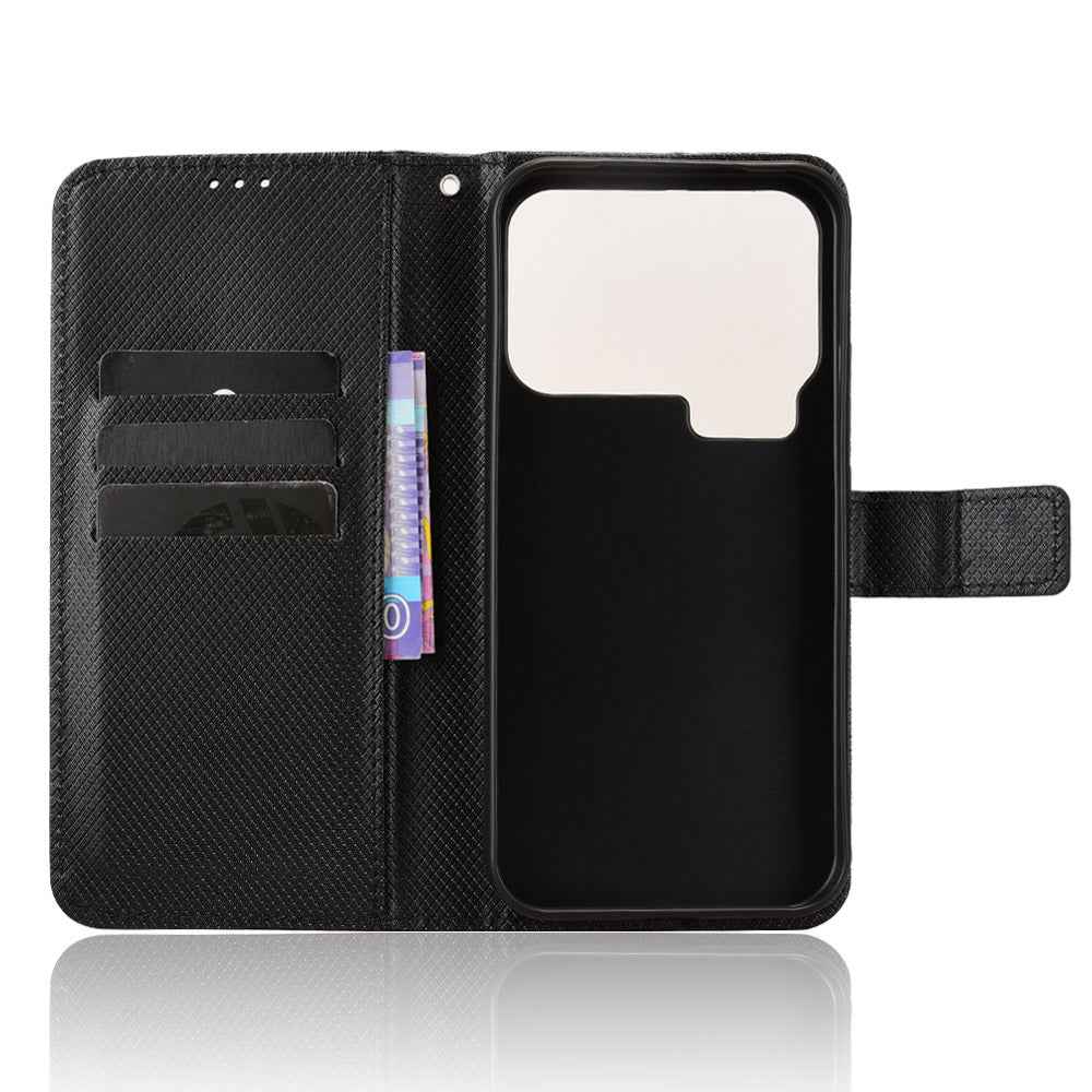 For Xiaomi 17 Pro Leather Wallet Case with Strap Diamond Texture Phone Cover - Black