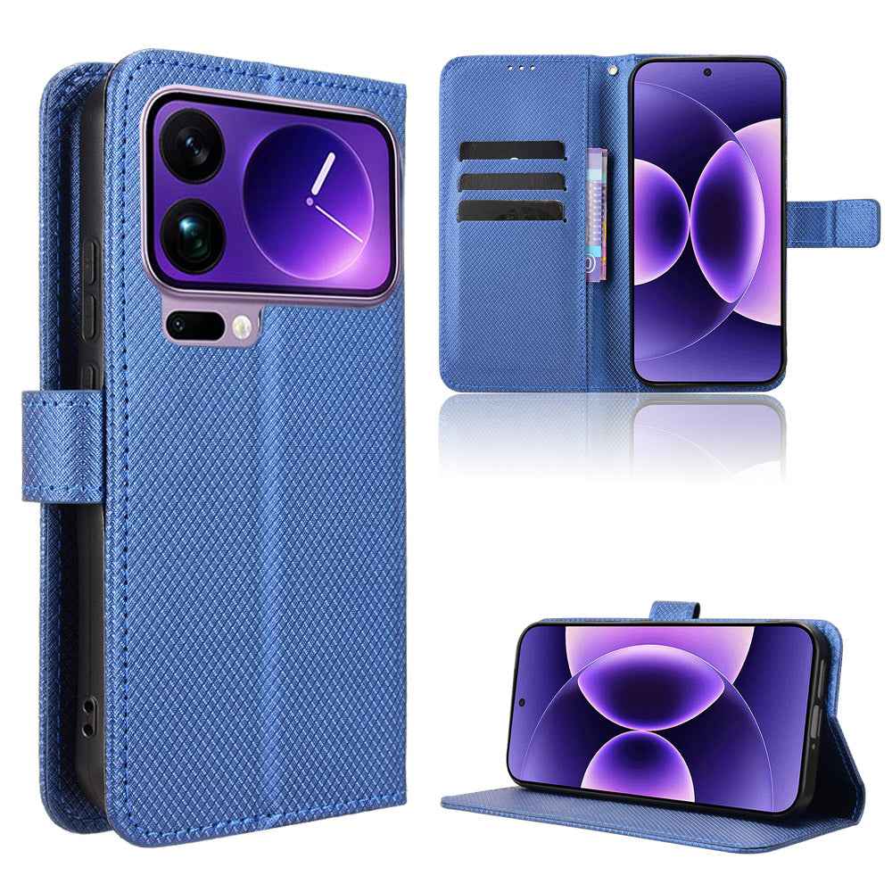 For Xiaomi 17 Pro Leather Wallet Case with Strap Diamond Texture Phone Cover - Blue