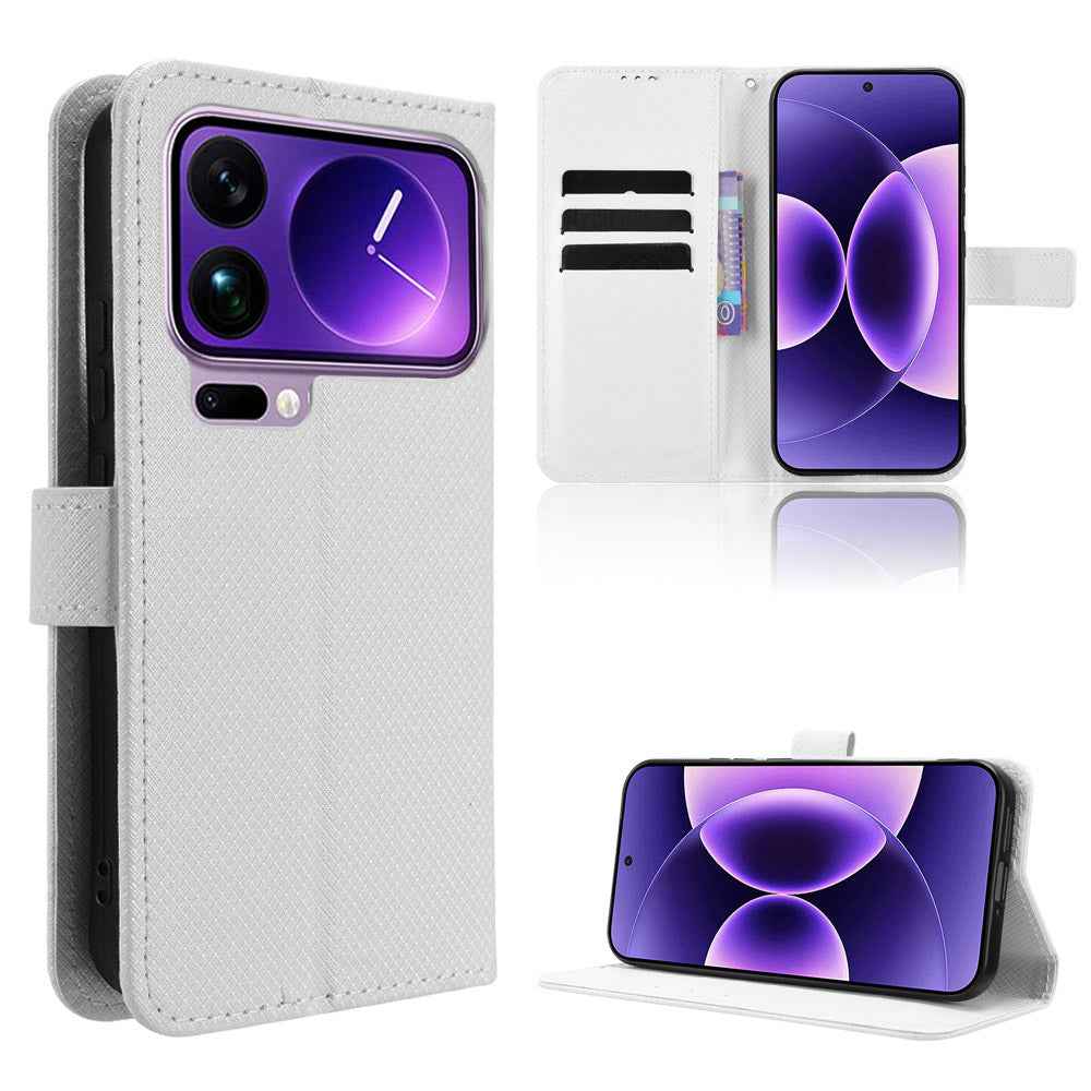 For Xiaomi 17 Pro Leather Wallet Case with Strap Diamond Texture Phone Cover - White