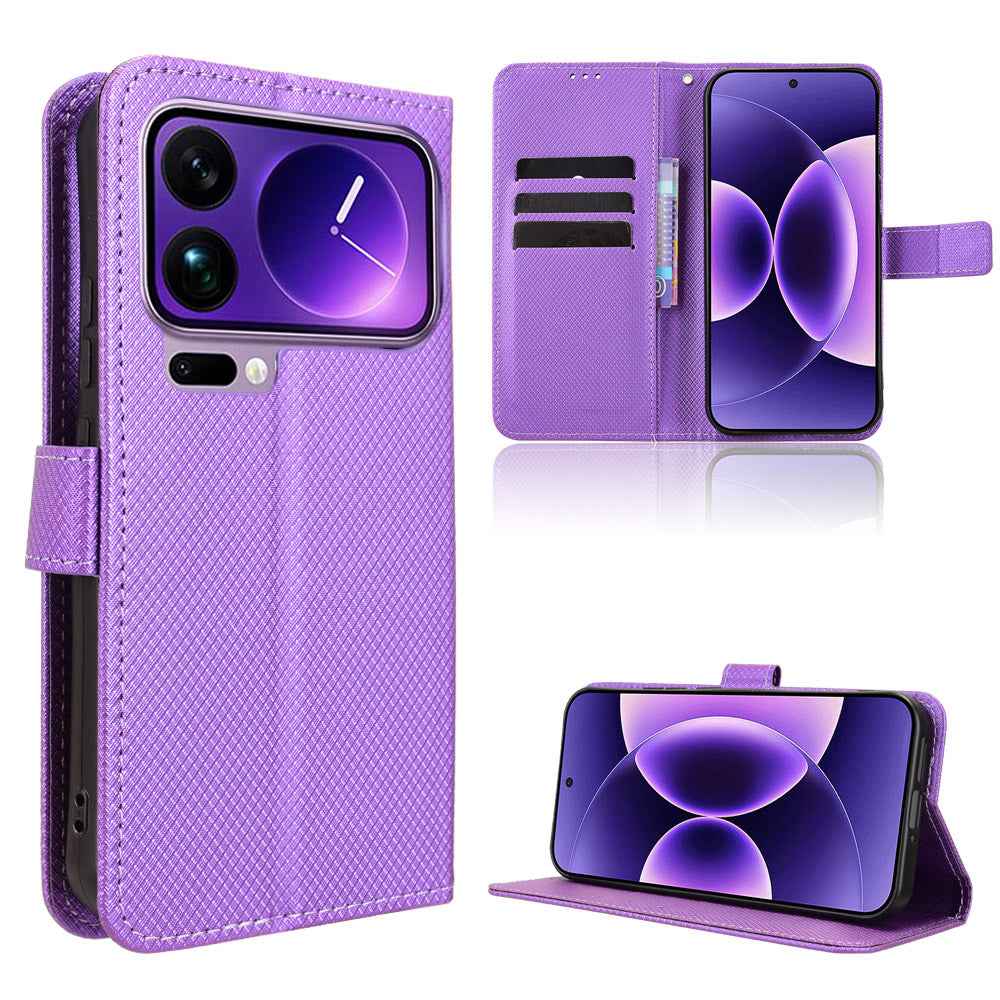 For Xiaomi 17 Pro Leather Wallet Case with Strap Diamond Texture Phone Cover - Purple