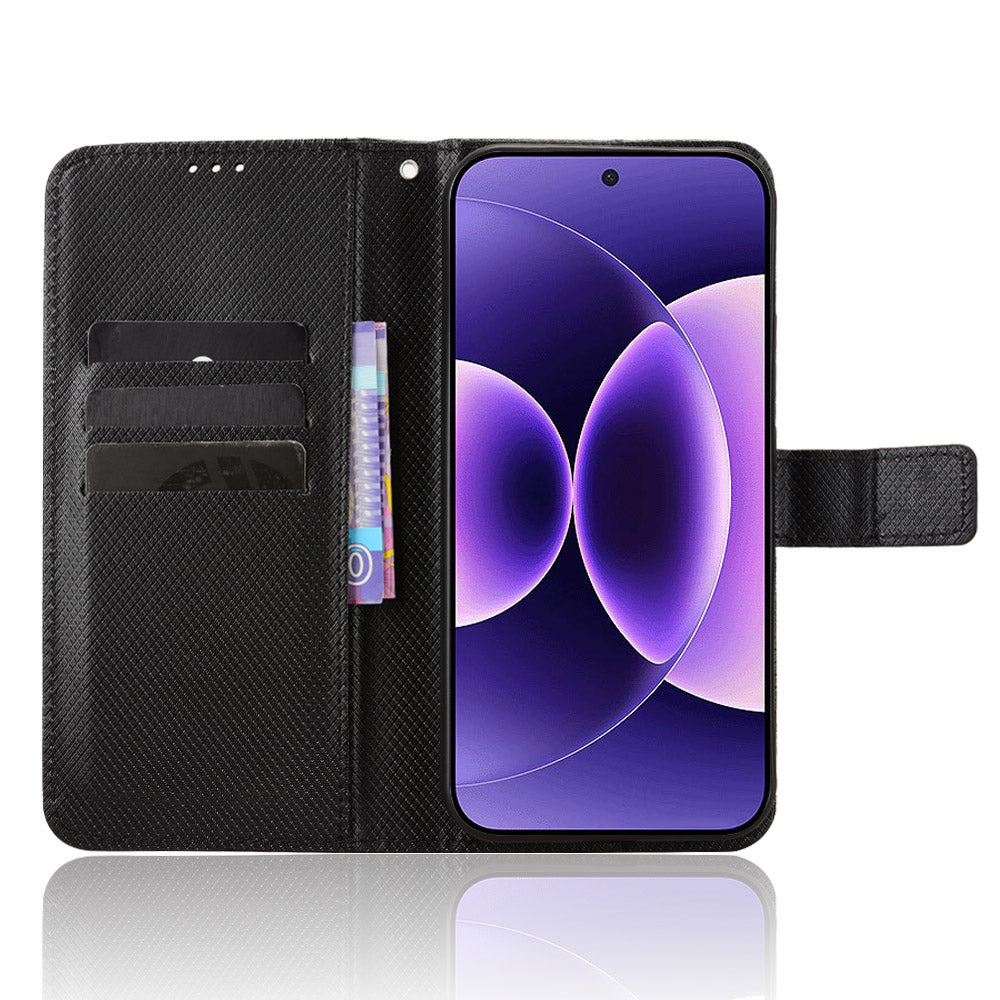 For Xiaomi 17 Pro Max Leather Wallet Case with Strap Diamond Texture Phone Cover - Black
