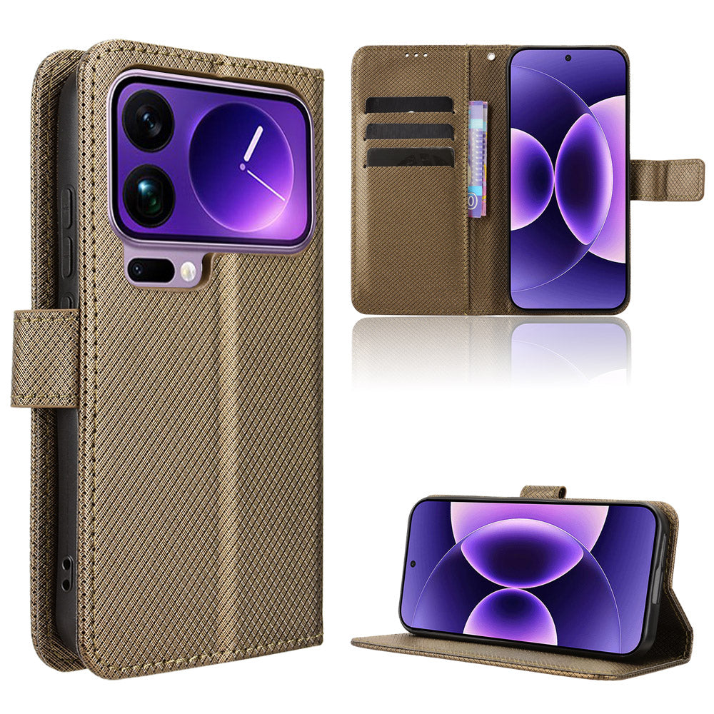 For Xiaomi 17 Pro Max Leather Wallet Case with Strap Diamond Texture Phone Cover - Brown